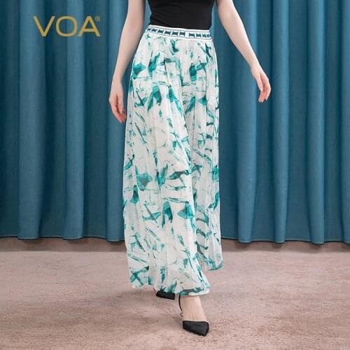 VOA Silk Double-layer Georgette Printed Pleat Waist Tab Side Zipper Ladies Cool and Versatile Wide-leg Pants In Summer KE133
