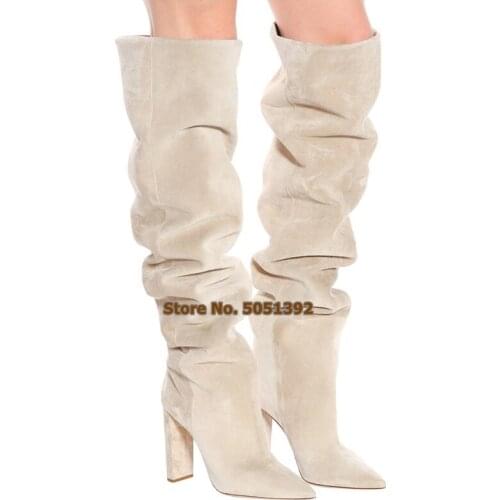 Women High Square Heel Suede knee-High Boots Pointed Toe Fashion Knee Boots Over The Knee