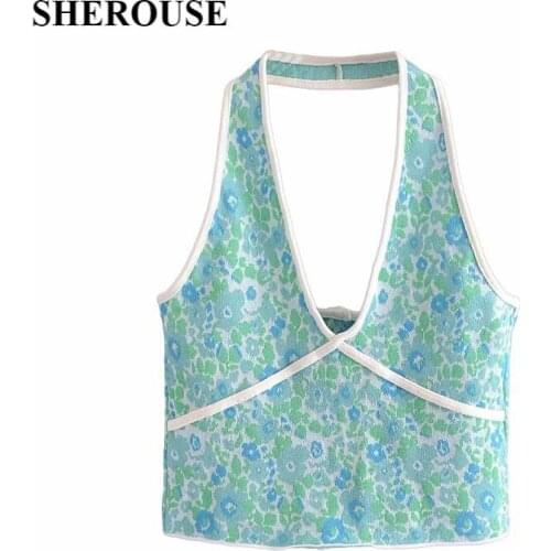 2021 Summer Crop Top Women Printed Buttoned Halter Tops Chic Lady Fashion Sexy Women Tops