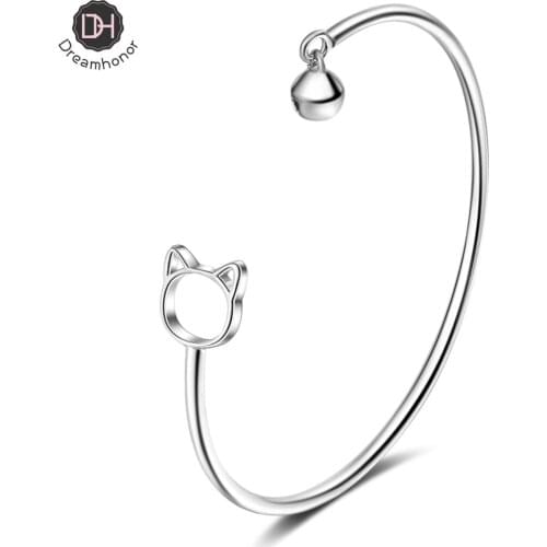 Dreamhonor 925 Silver Cat With Bell Bangles Women Classic Handmade Silver Creative Open Cuff Bangles Jewelry