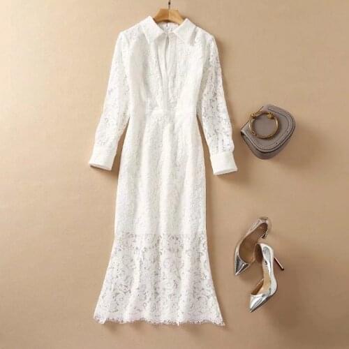 High Quality Brand Lace Dress 2021 Autumn Party Women Turn-down Collar Hollow Out Sexy Long Sleeve Midi Party Bodycon Dress XL