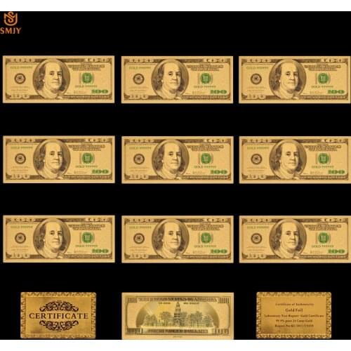 10PCS/Lot US Set Currency Paper 100 Dollar Bills In Gold 999 Gold Plated Banknotes Fake Money Collections