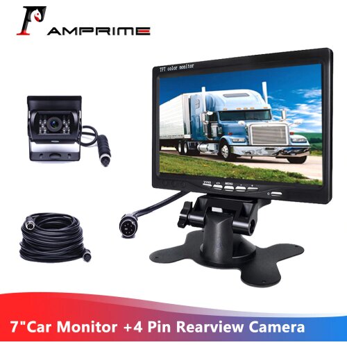 AMPrime DC 12V-24V 7"TFT LCD Car Monitor Display + 4 Pin IR Night Vision Rear View Camera for Bus Truck RV Caravan Trailers