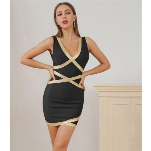 Celebrity bandage dress sexy sleeveless v neck woman bodycon bandage dress black bandage dress gold printing bandage dress