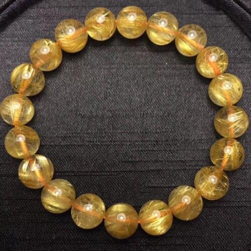 9mm Natural Gold Rutilated Quartz Titanium Stretch Crystal Beads Bracelet
