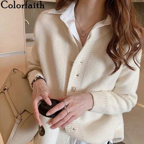 Colorfaith New 2021 Womens Autumn Winter Sweaters Fashionable Elegant Cardigans Vintage Wild Oversized Knitwear Tops SWC1357JX