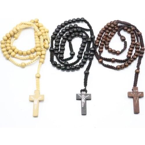 Wood Rosary Beads Catholic Religion Benedict Intercession Cross Pendant Necklace qe57