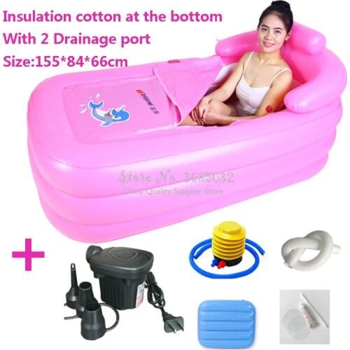 Cheap Folable Inflatable Bathtub Plastic Folding Tub Adult Bath Tub Bottom Insulation with 2 Drainage Port Pink Blue 155*84*66cm