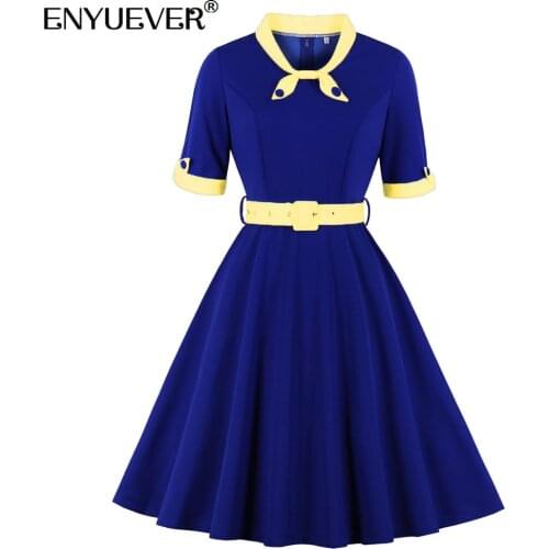 Enyuever Elegant Women Vintage Dress Autumn Clothes Patchwork Bow Tie Half Sleeve Robe Pin Up Swing Office Ladies Party Dress