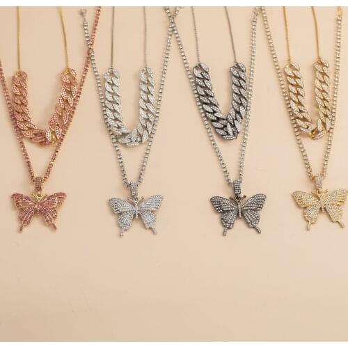 Hiyong Big Butterfly Pendant Necklace Rhinestone Cuban Chain Women Bling Tennis Chain Crystal Choker Necklace Party Jewelry Gift