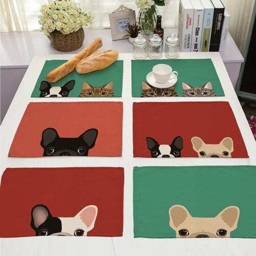 Cotton Linen Placemat Dogs and Cats Print Table Mats for Dining Table Home Decoration Accessories Modern Place Mats Decoration
