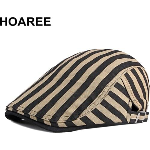 HOAREE 100% Cotton Ivy Cap Khaki Striped Mens Berets Cabbie Vintage Flat Caps for Men Spring Summer Brand Wigens Cap