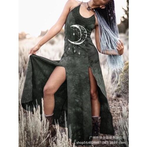 Kalenmos 2020 Gothic Dresses for Women Tribal Ethnic Print Split Retro Sling Dress 2 Colors 5XL Oversized Woman Dress