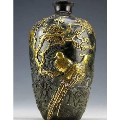 Chinese Vintage Collection Bronze Statues Gold-plating Flower Bird Vase 20cm