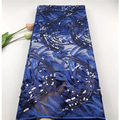 Hot Sales Royal Blue Color French Net Lace Fabric 2019 Latest African Sequins Lace Embroidery Sequence Lace Fabric For Dress HSF