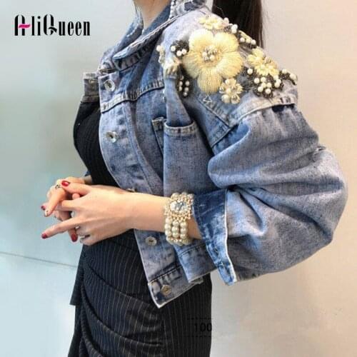 Korean Streetwear Women Flowers Embroidery Pearls Beading Short Denim Jackets Female Casual Long Sleeve Loose Jean Jacket Coats