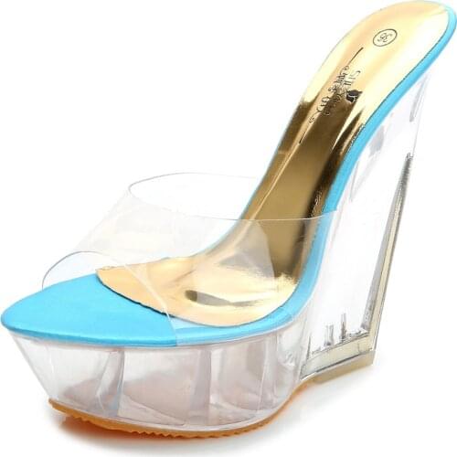Summer thick-soled high-heeled Sandals Slippers Transparent Crystal Shoes Waterproof Platform 15CM Wedge Shoes