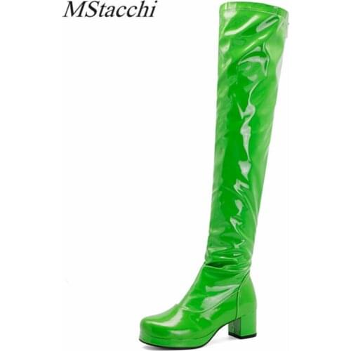 MStacchi Fashion Women Boots Patent Leather Chunky Heel Back Zipper Party Shoes Winter Plush Over The Knee Boots Big Size 33-46