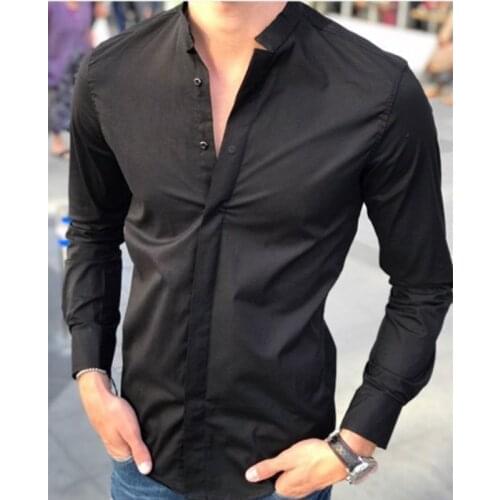 Hot Stand Collar Mens Solid Color Slim Long Sleeve Blouse Tops