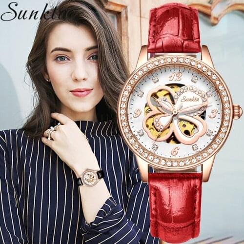 Relogio feminino SUNKTA Automatic Mechanical Watch Women Fashion Rhinestone hollow design Watch Leather Strap Waterproof Clock