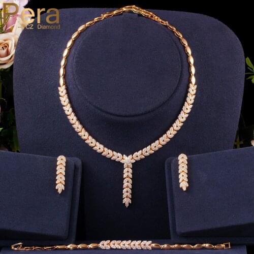 Pera 3Pcs Shiny CZ African 585 Gold Long Leaf Drop Necklace and Earrings Bracelet Luxury Wedding Jewelry Sets for Women J323