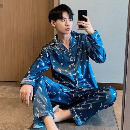 Pajamas Set Men Summer Satin Printed Long Sleeve Long Pants Night Suit Large Size 5XL Nightwear Sleepwear Loose Home Clothing