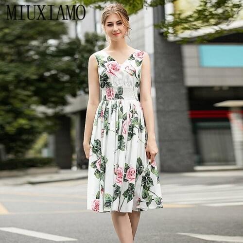 MIUXIMAO High Quality 2020 Summer Dress New Party Casual Beach Vintage Elegant Fashion Flower Print Dress Women