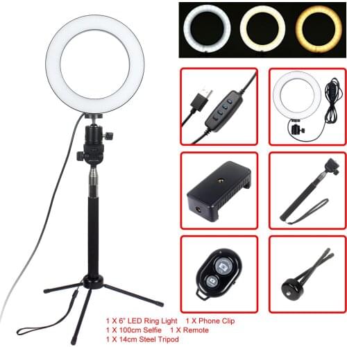 6" 16cm LED Ring Light Dimmable Video lamp Photo Selfie light for Make Up Live with Selfie Stick Mini Tripod Remote Control