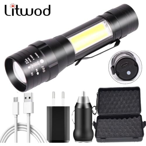 Z303101 Litwod LED Flashlight CREE XM-L T6 COB Mini Torch Rechargeable Lantern Built-in Battery for Camping Light Aluminum 10W