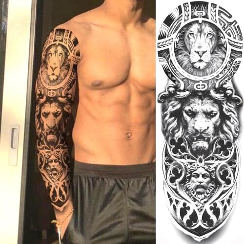Full Arm Sleeve Flower Tatoo Waterproof Fake Tattoo Stickers Mighty Lion Realistic Temporary Body Art Tattoos For Men Women
