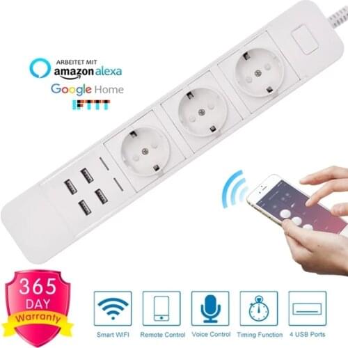 Wifi Smart Power Strip 3 EU Outlets Plug with 4 USB Charging Port Timing App Voice Control Work with Alexa Google Home Assistant