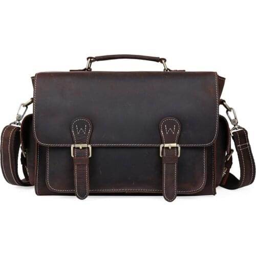 TIDING Vintage Cowhide Camera Bag Luxury Thick Leather Shoulder Messenger Bag for DSLR Camera and Lens Brown Brand Mens Bag 1104