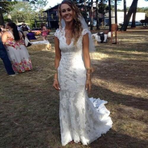 Vintage Country Wedding Dresses 2020 V Neck Cap Sleeve Lace Wedding Dresses Girls Backless Bridal Wedding Gowns Vestido De Novia