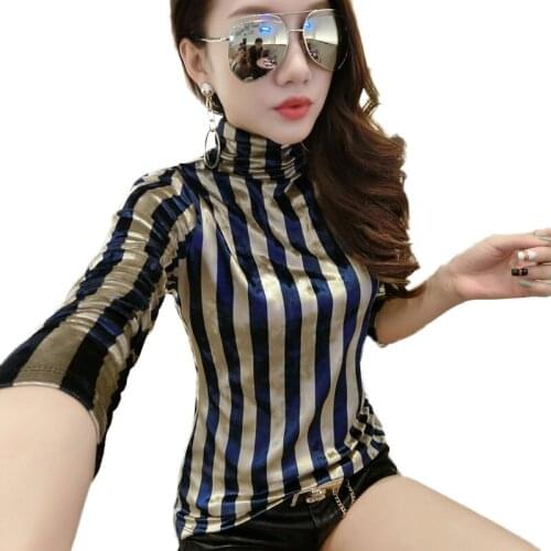 Autumn turtleneck velvet tops women long sleeve t shirt 2019 winter basic tee shirt femme striped harajuku t-shirts plus size