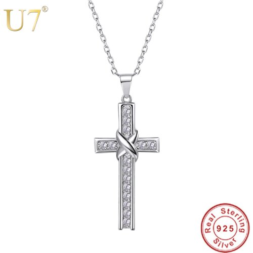 U7 100% 925 Sterling Silver Cross Pendant & Chain Glittering CZ Zircon Necklace Christmas Gift for Women Christian Jewelry SC14