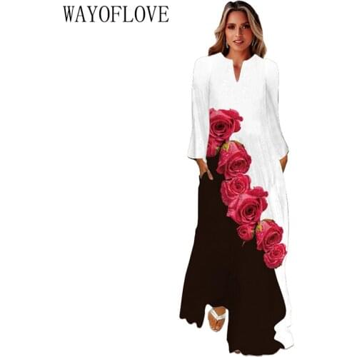 WAYOFLOVE 3D Rose Printed Black White Dress 2021 Long Sleeve Beach Casual Plus Size Dresses Woman Elegant Girl Autumn Long Dress