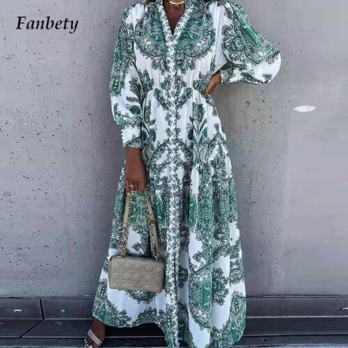 Women Elegant Boho Pattern Printed Maxi Party Dress Sexy V Neck Button Slit Long Shirt Dress Autumn New Casual Long Sleeve Dress