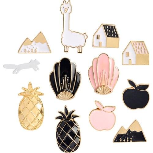 1pcs Black Pink Shell Alpaca Apple House Mountain Pineapple Metal Enamel Pins Badge Brooch Denim Clothes Backpack Life Jewelry