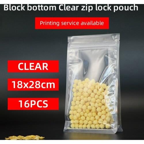 18x28cm 16pcs block bottom stand up pouch with zipper clear plastic laminated zip lock flat bottom quad seal rice seed food bag