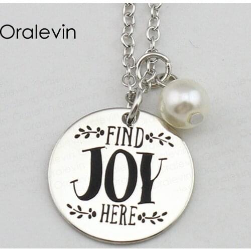 FIND JOY HERE Inspirational Hand Stamped Engraved Charm Custom Creative Pendant Necklace Handmade Jewelry,10Pcs/Lot, #LN2416