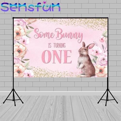 Bunny Theme Backdrops For Photo Studio Pink Flower Cartoon Girl 1st Birthday Party Photography Backgrounds For Photo Studio