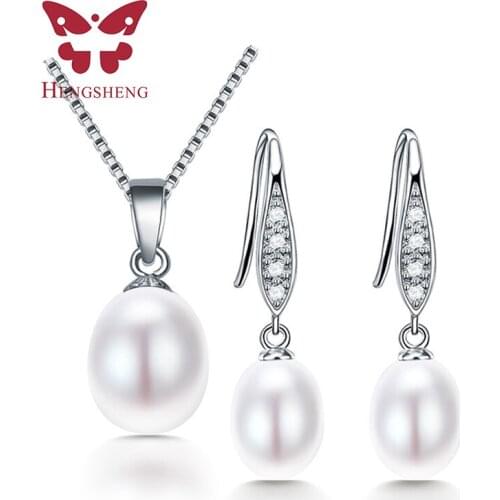 HENGSHENG Fine Jewelry Sets, Water Drop Black Freshwater Pearl Pendants&Necklace and Earrings, 9-10mm