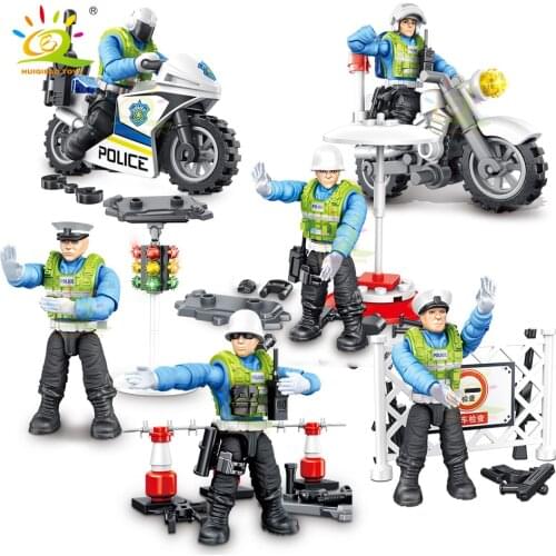 HUIQIBAO 8pcs 1:36 Urban Traffic Police Man Figures Model Building Blocks City Policemen Doll Accessories Bricks Children Toys