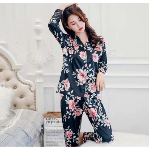 KISBINI Women Imitation Silk Pajamas Sets Flower Printed Long Sleeves Shirt+Pants 2PCS Summer Female Sleepwear Women Homewear