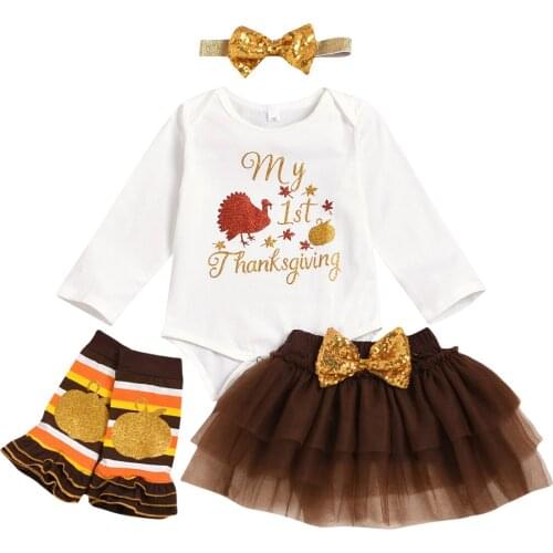 FOCUSNORM My 1st Thanksgiving Infant Baby Girl Clothes Sets Turkey Long Sleeve Romper Tops Tutu Skirt Headband Leg Warmer 4PCS