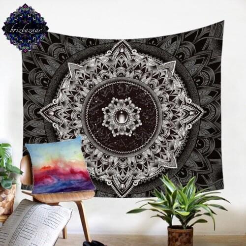 Mandala by Brizbazaar Tapestry Wall Hanging Black White Flower Bedspread Mysterious Universe Wall Art Vintage Gemstone Bed Sheet