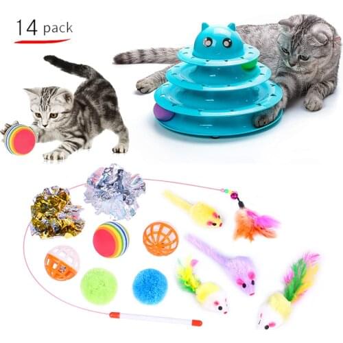 14 Piece Set Cat Toy Combination Set Cat Toys Three-layer turntable Funny Cat Stick Feather Mouse Bell Ball Cat Supplies