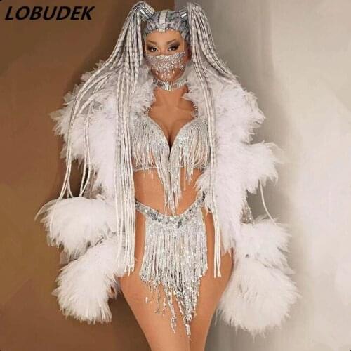 Nightclub Bar Sexy Stage Costume Silver Sequins Tassel Bikini Loose Voile Fringe Cloak Outfit DJ Dancer Singer Performance Set