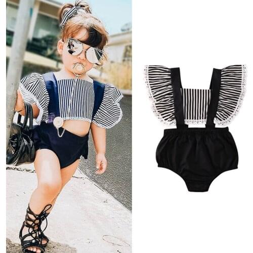 0-18M Newly Infant Baby Girls Lovely Rompers Striped Ruffles Short Sleeve Black Jumpsuits Outfits