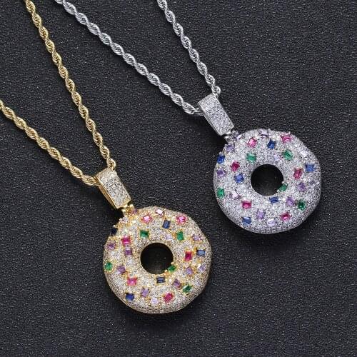 Micro Paved AAA+ Cubic Zirconia Bling Iced Out Donuts Pendants Necklace for Women Men Hip Hop Rapper Jewelry Gold Silver Color